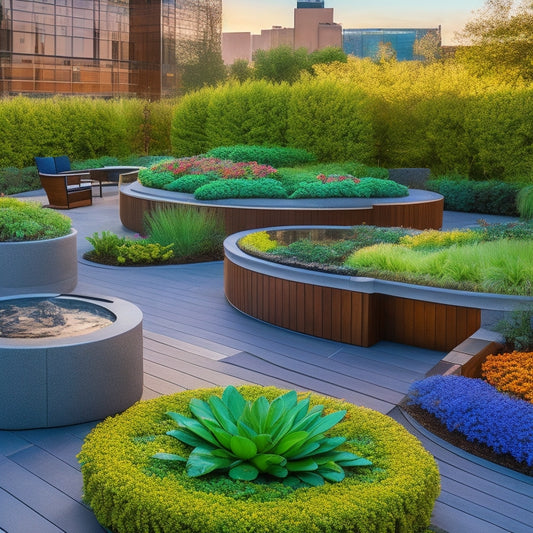 A serene rooftop garden with curved pathways, lush greenery, and vibrant flowers, featuring a focal point water feature surrounded by sleek, modern seating areas and cleverly integrated planters.