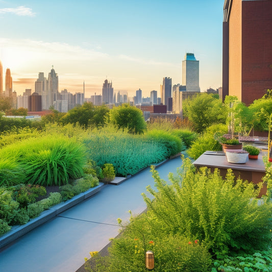 A serene rooftop garden with lush greenery, vibrant flowers, and a few beneficial insects like ladybugs and bees, surrounded by a subtle cityscape in the background, with a few gentle, white clouds.