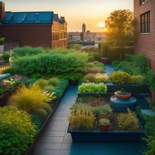 A serene rooftop garden with lush greenery, vibrant flowers, and a subtle mist of water droplets amidst a network of efficient irrigation tubes, sensors, and solar-powered pumps.