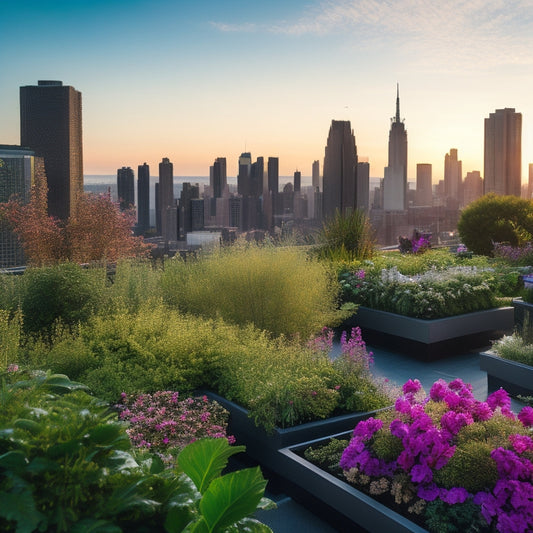 A lush, vibrant rooftop garden overflowing with a mix of leafy greens, colorful flowers, and herbs, situated atop a modern, sleek city high-rise building with a stunning urban skyline backdrop.