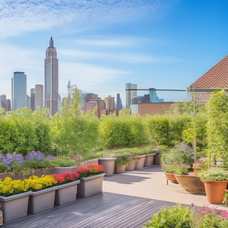 A serene rooftop garden in a hot climate, with lush greenery, colorful flowers, and a trellis providing shade, surrounded by urban skyscrapers and a bright blue sky with a few puffy white clouds.