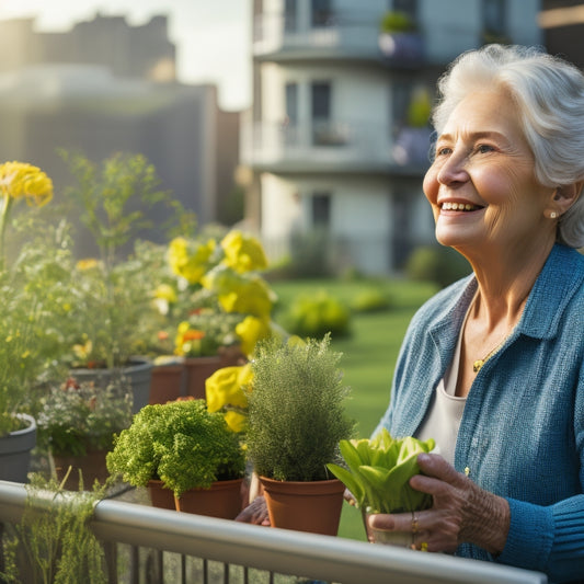 An older adult, with silver hair and a warm smile, gently tends to a lush rooftop garden filled with vibrant green vegetables, surrounded by colorful flower pots and a serene cityscape background.