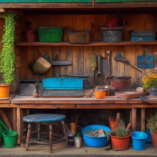 A cluttered gardening shed with rusty, worn-out tools scattered on shelves, contrasting with a tidy online shopping platform on a laptop screen showcasing second-hand planter tools in excellent condition.