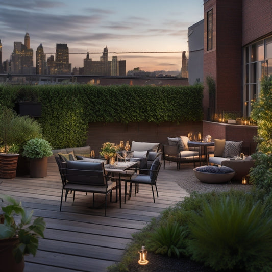 A serene rooftop garden at dusk, with lush greenery, modern outdoor furniture, and string lights, overlooking a bustling cityscape, with a subtle hint of a restaurant's outdoor seating area in the corner.