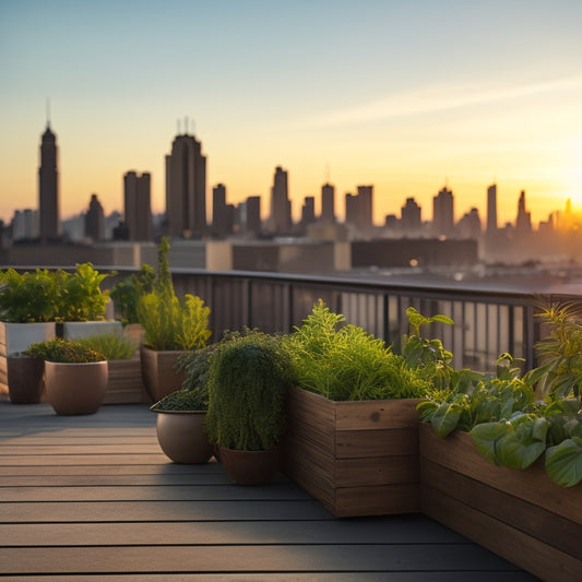 A rooftop garden with a grid of wooden planters, overflowing with lush green leafy vegetables, surrounded by a white railing, against a backdrop of a cityscape at sunset.