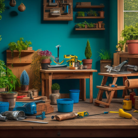 A cluttered workbench with various DIY tools, including a mitre saw, drill, and sandpaper, surrounded by wooden blocks, plants, and small decorative items, with a half-built block planter in the center.