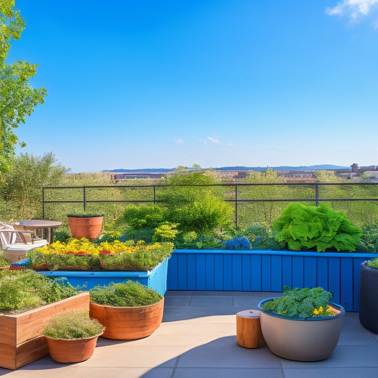 A lush, thriving rooftop veggie garden with vertically stacked planters, a trellis supporting climbing vines, and a seating area with a small table and chairs, set against a bright blue sky with fluffy white clouds.