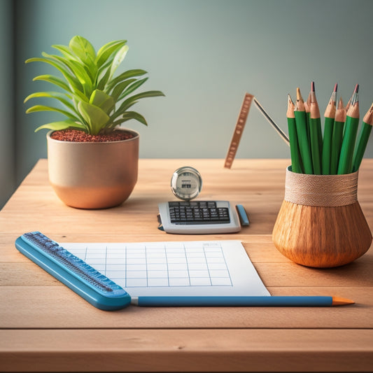 A stylized, minimalist illustration of a planter with measuring tape wrapped around it, surrounded by scattered pencils, a ruler, and a calculator, on a clean, wooden desk with a subtle, natural background.