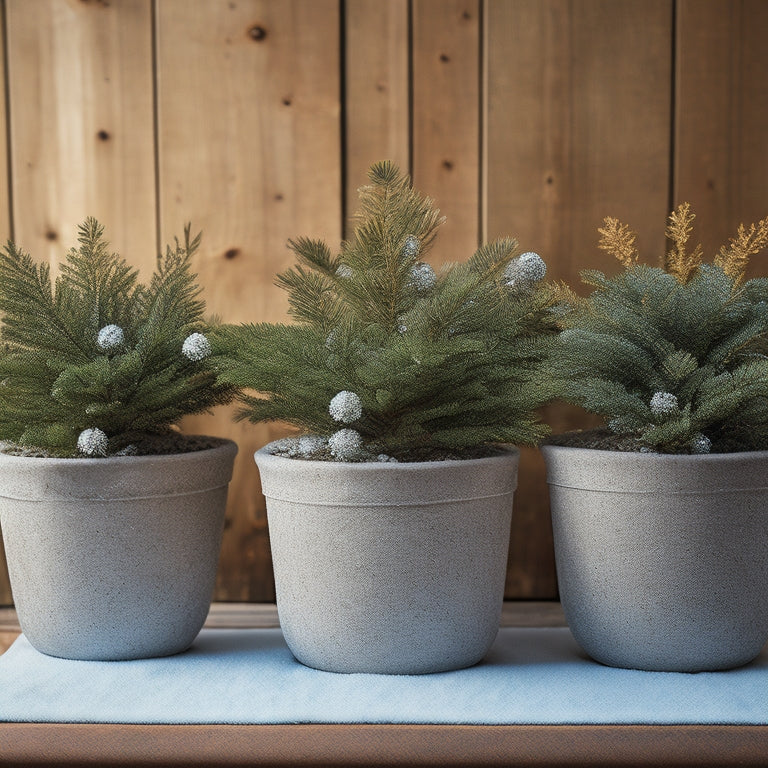 A serene winter scene featuring a trio of concrete planters, one wrapped in burlap, another topped with a decorative snowflake-patterned cover, and the third filled with evergreen branches and pinecones.