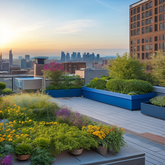 A serene rooftop garden with lush greenery and vibrant flowers, surrounded by sleek smart irrigation system components, sensors, and a sleek control panel, set against a bright blue cityscape sky.