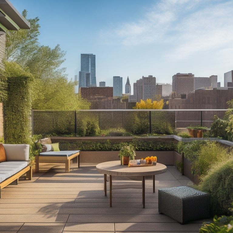 A sunny rooftop garden with lush greenery, vibrant flowers, and a seating area featuring a wooden pergola, outdoor sofa, and a small dining table, surrounded by a sleek railing and cityscape views.