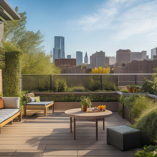 A sunny rooftop garden with lush greenery, vibrant flowers, and a seating area featuring a wooden pergola, outdoor sofa, and a small dining table, surrounded by a sleek railing and cityscape views.