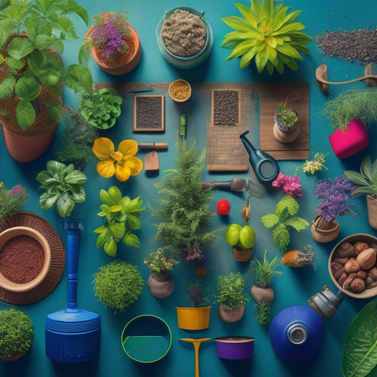 A colorful, aerial illustration of a lush, thriving planter garden surrounded by ten distinct, labeled tools, including a watering can, hose, and moisture meter, amidst a subtle grid background.