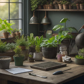 A tidy, well-lit gardening workstation with a variety of sleek, ergonomic planter tools laid out on a wooden table, surrounded by potted plants and a few scattered gardening gloves.