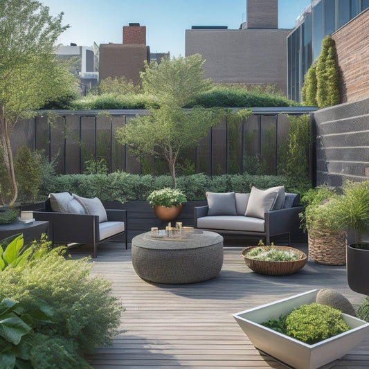 A serene rooftop oasis with lush greenery spilling from modern planters in varying shapes and sizes, surrounded by sleek wooden decking and a chic outdoor seating area.