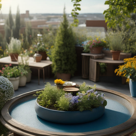 A serene rooftop garden scene with a small, circular wooden table holding a few gardening books, surrounded by lush greenery and vibrant flowers in pots, against a soft, cloudy blue sky.