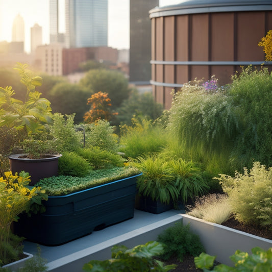 A serene rooftop garden scene with lush greenery and colorful flowers, featuring a prominent rainwater harvesting system with translucent storage tanks, pipes, and a subtle water flow.