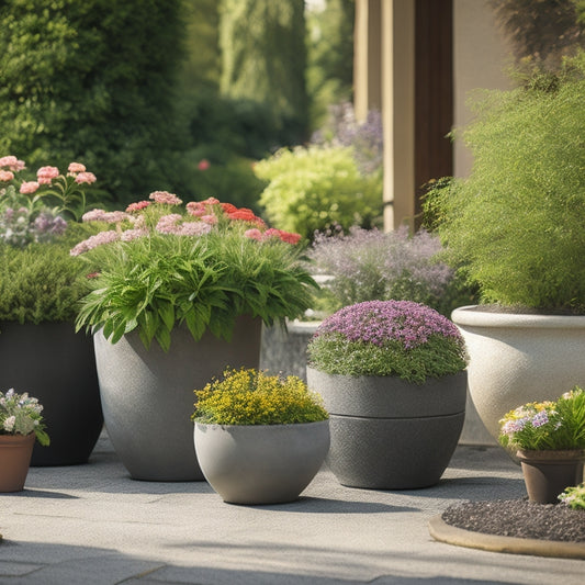 An arrangement of concrete planters in various shapes and sizes, filled with vibrant, blooming flowers and lush greenery, set against a backdrop of a modern, well-manicured garden with soft sunlight casting gentle shadows.
