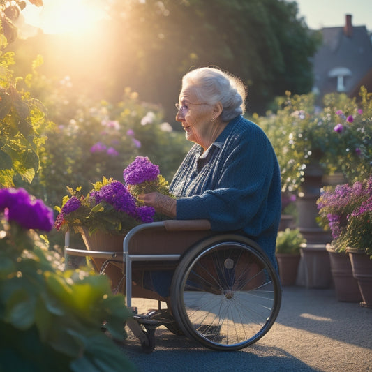 An elderly person gently grasping a basket, surrounded by wheelchair-accessible raised beds, vibrant flowers, and easy-to-reach fruit trees, with a serene, sunny atmosphere and a subtle cityscape in the background.