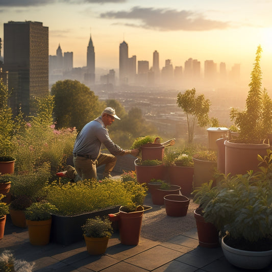 A serene rooftop garden scene at dawn, with a gardener kneeling amidst lush greenery, pruning shears in hand, surrounded by potted plants, a watering can, and a compost bin, with a cityscape in the background.