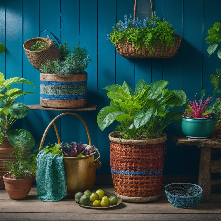 A vibrant, eclectic still life featuring a collection of uniquely upcycled planters, including a distressed wooden ladder, a vintage colander, a repurposed mason jar, and a woven basket, surrounded by lush greenery.