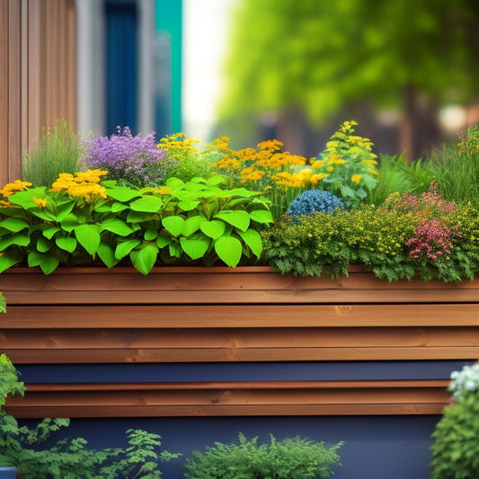 A detailed illustration of a sturdy outdoor planter wall structure, showcasing a sturdy metal frame, reinforced with horizontal wooden slats, surrounded by lush greenery and vibrant flowers, against a blurred cityscape background.