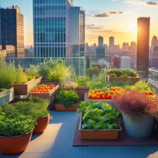 A rooftop garden with a mix of leafy greens, cherry tomatoes, and herbs in raised beds, surrounded by cityscape, with limited sunlight filtering through nearby skyscrapers.