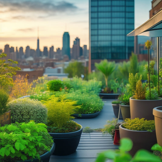 A serene rooftop garden with lush greenery, vibrant flowers, and a subtle mist, surrounded by sleek, modern cityscape views, featuring a network of thin, efficient irrigation tubes and tiny water droplets.