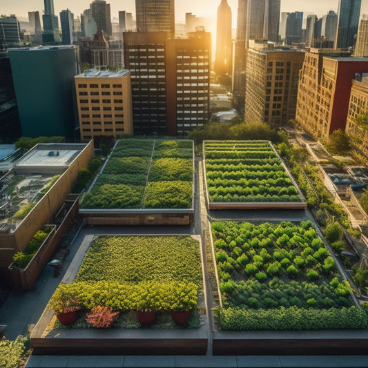 A vibrant, aerial view of a thriving urban rooftop farm, with lush greenery, diverse crops, and a mix of vertical planters, trellises, and raised beds, set against a backdrop of city skyscrapers.