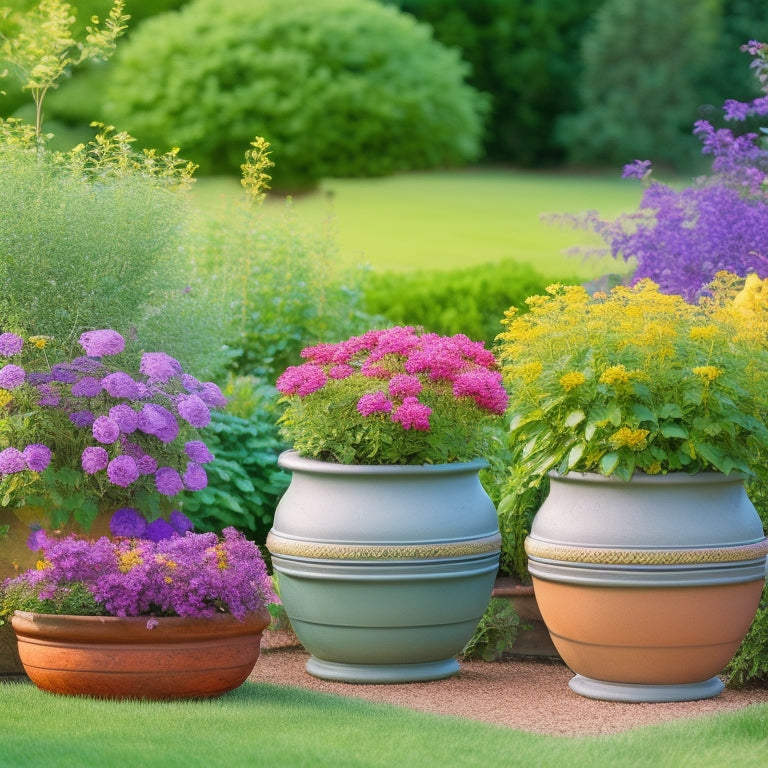 A serene garden scene with three identical cinder planters in different sizes (small, medium, large) placed along a curved border, surrounded by lush greenery and vibrant flowers.