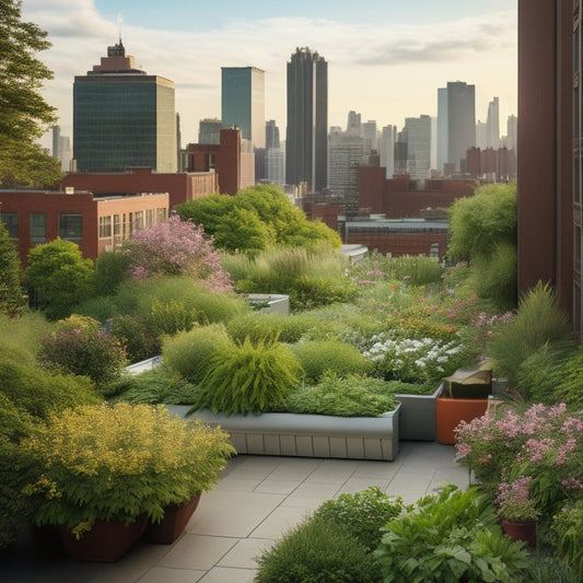 A lush, verdant rooftop garden with diverse flora, featuring a mix of blooming flowers, leafy greens, and native plants, surrounded by urban skyscrapers and bustling city streets.