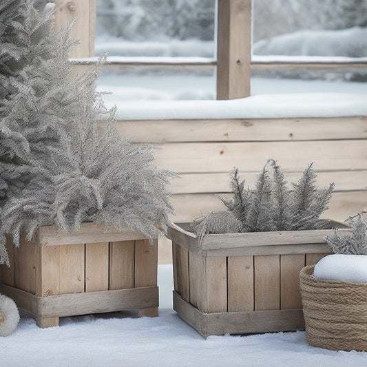 A serene winter scene: a patio with three planters, one wrapped in burlap and twine, one covered with a fitted cloth, and one nestled in a straw-filled wooden crate, surrounded by snowflakes gently falling.