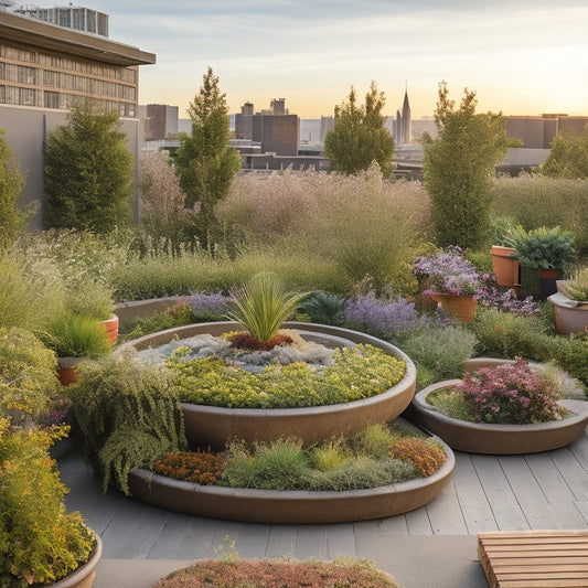 A serene rooftop garden with lush greenery, vibrant flowers, and a mix of native plants, showcasing a customized irrigation system with thin, winding pipes, dripping water droplets, and sprinkler heads.