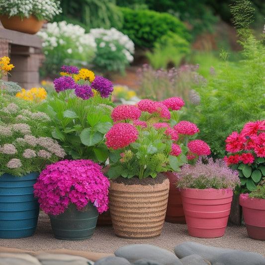 A colorful, overhead composition featuring a variety of cinder block planters, each overflowing with vibrant flowers, surrounded by lush greenery, and placed on a rustic wooden patio amidst scattered pebbles.