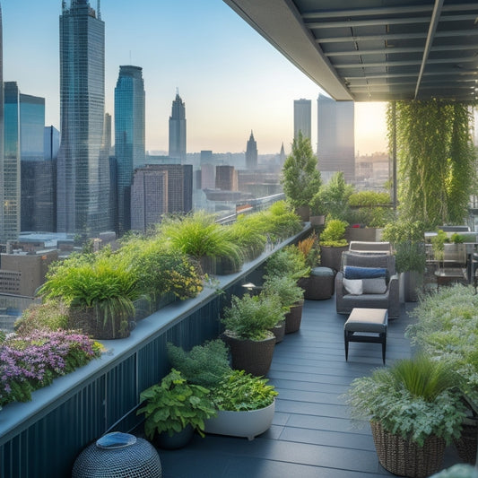 A serene rooftop oasis with lush greenery, vibrant flowers, and a modern vertical garden system, complete with sleek, silver pipes and discreet sensors, amidst a bustling cityscape with skyscrapers in the background.