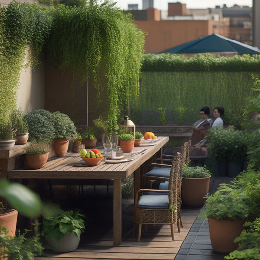 A serene rooftop oasis with lush greenery, a wooden pergola, and a dining table set for six, surrounded by potted herbs and a vertical garden with leafy vines and ripening tomatoes.
