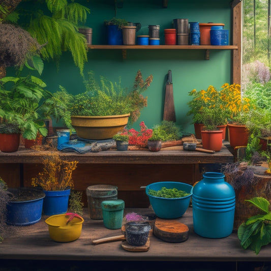 A colorful, messy workshop scene: wooden planks, assorted pots, gloves, and tools scattered on a workbench, with a half-assembled planter in the center, surrounded by lush greenery and vines.