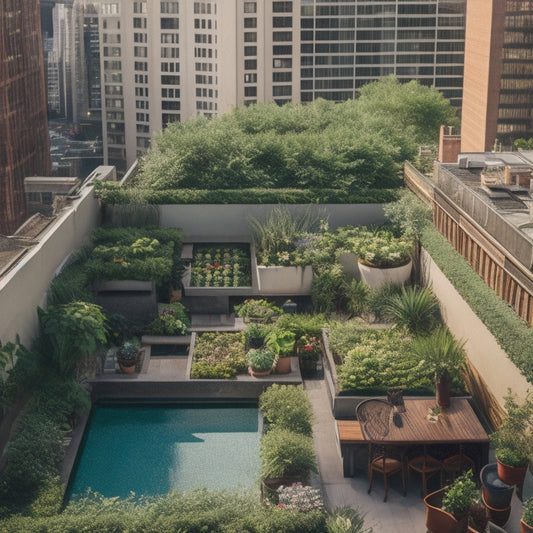 An overhead shot of a lush, verdant rooftop garden in a bustling city, with a mix of potted plants, trellises, and a small seating area, surrounded by skyscrapers.