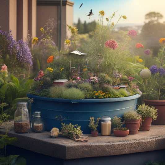 A whimsical illustration of a thriving rooftop garden, with lush greenery and vibrant flowers, featuring a delicate tea infuser suspended above a compost bin, surrounded by beneficial insects and microorganisms.