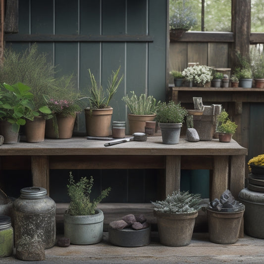 A rustic wooden workbench cluttered with concrete planters in various shapes and sizes, surrounded by paintbrushes, paint cans, and decorative stones, with a few sprigs of greenery peeking out.