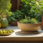 A serene, sunlit garden scene featuring a weathered terracotta planter, surrounded by lush greenery, with a small, delicate brush, a bowl of water, and a slice of lemon nearby, evoking a sense of natural cleaning.