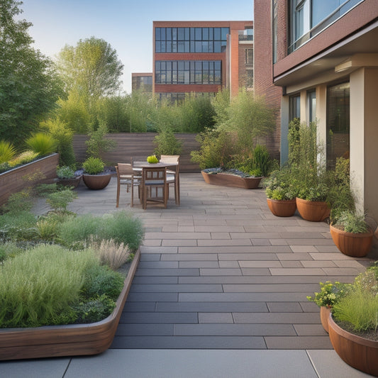 A serene rooftop garden with varied textures: wooden planters, smooth stones, and lush greenery, featuring a wheelchair-accessible path, a sensory garden, and a seating area with adaptive furniture.