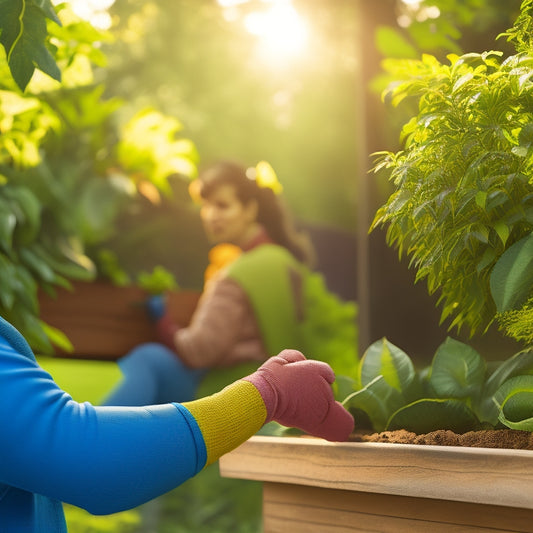 An illustration of a person wearing gloves, holding a trellis, and standing beside a raised planter filled with climbing plants, with a subtle garden background and warm, natural lighting.