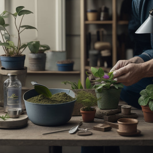 An image featuring a person holding a small potted plant, surrounded by concrete mixing tools, molds, and a workbench with a blueprint of a planter design in the background.