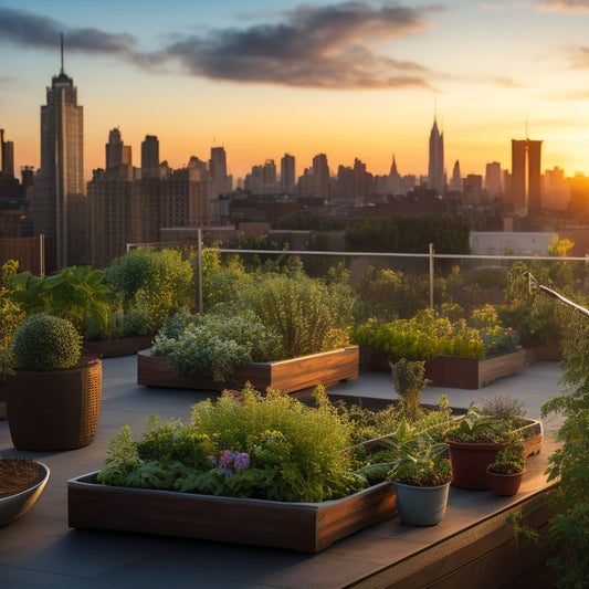 A serene rooftop garden scene at sunset with lush green vegetables, a self-watering planter, and a drip irrigation system snaking through the beds, surrounded by a trellis and a cityscape in the background.