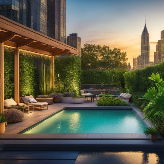 A serene rooftop oasis at sunset, with lush greenery, a small pool, and a wooden pergola, surrounded by skyscrapers, with a few lounge chairs and a lantern-lit pathway.