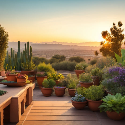 A serene rooftop garden in a desert climate, with lush greenery, vibrant flowers, and thriving vegetables, surrounded by rustic wooden planters, terracotta pots, and a stunning cityscape backdrop at sunset.