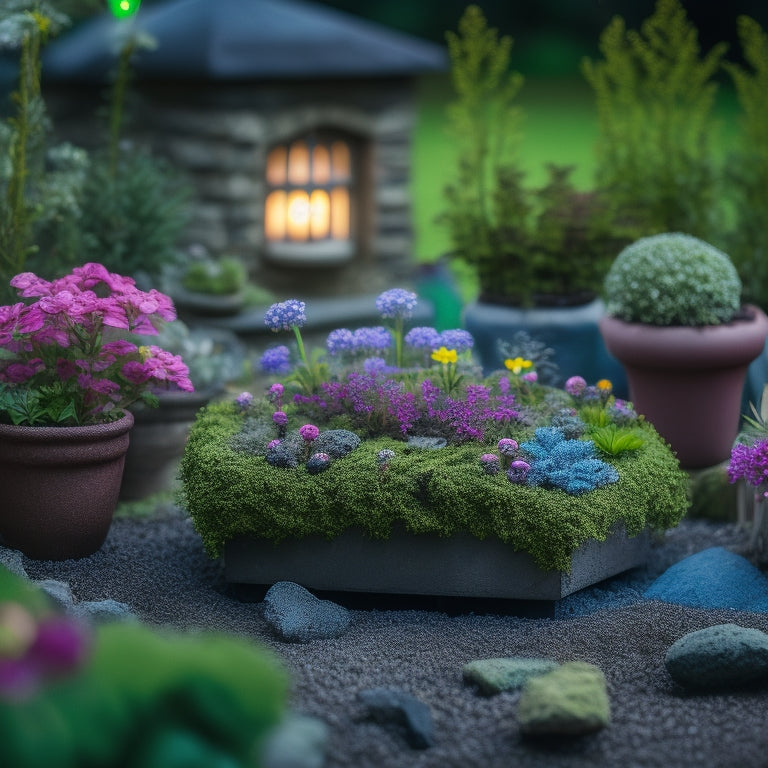 A whimsical fairy garden scene featuring five unique DIY cinder block planters, each with overflowing flowers, moss, and tiny decorative elements, surrounded by miniature furniture and twinkling string lights.