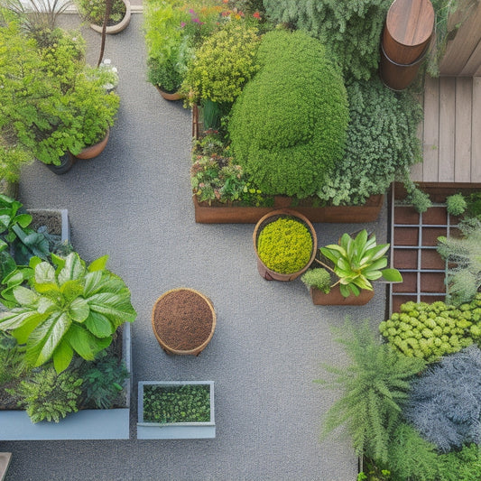 An overhead shot of a vibrant rooftop garden with various plants in bloom, surrounded by DIY fertilizer components like compost bins, eggshells, coffee grounds, and Epsom salt.