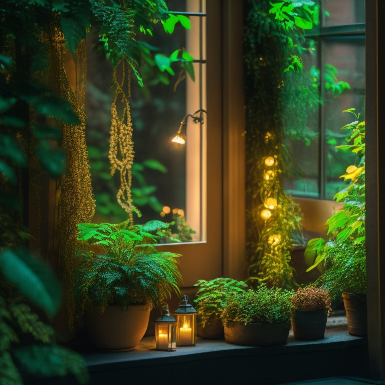 A lush, verdant wall garden with varying levels of greenery, illuminated by a combination of warm, golden string lights, soft, white LED grow lights, and natural sunlight filtering through a nearby window.